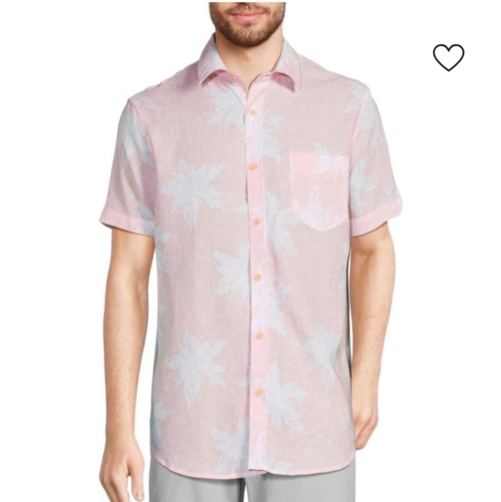 Ben Sherman Linen/Rayon Blend Short Sleeve Button Down Shirt Size L Pink/White
